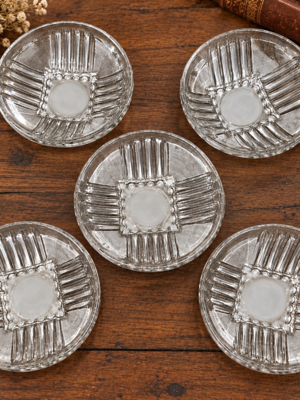 Set of 5 Vintage Clear Pressed Glass Dessert Berry Bowls Ribbed Geometric 4 3/8”